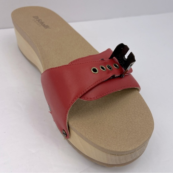Dr Scholl’s SHOES, RED LEATHER TOP, ADJUSTABLE TOP STRAP, WOODEN SOLE, SIZE 10M - Picture 11 of 16
